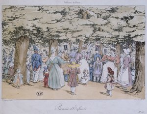 Lapset ja lastenhoitajat puistossa, Tableau de Paris -sarjasta, kaiverrus C. Motte, 1827 tekijältä Fortune Delarue