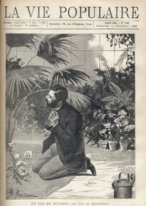 Epätoivoinen mies rukoilee polvillaan kasvihuoneessa. F. Meaullen kuvitus B. Borionen mukaan Guy de Maupassantin (1850-1893) "Avioerotapaukseen". Kaiverrus vuodelta 1890 kirjassa "La vie populaire". Yksityinen kokoelma tekijältä Fortune Louis Meaulle