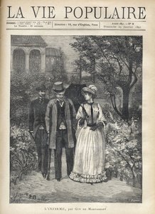 Mies, jolla on bequillejä, kävelee tyylikkään nuoren naisen kanssa puiston kujilla. Toinen mies seuraa heitä. Guy de Maupassantin (1850-1893) kuvitus Fortune Louisista (Fortune-Louis) Meaulle sanalle "" L
