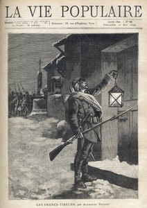Sotilas, joka kantaa kaikkea bardaansa, pistinkivääriä ja heiluttaa lyhtyä kaupunkitalon suljetun oven edessä. Hänen takanaan, lähellä Rautaristiä, muu seurue saapuu liittymään häneen. Kuva Montegutista (?), Les Francs Shoirersille, Alph tekijältä Fortune Louis Meaulle