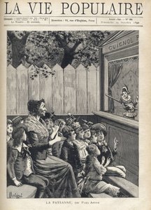 Nainen lastenjoukon keskellä taputtaa nukketeatteria (Guignol). Montegutin kuvitus Fortune Meaullesta Paul Arenen (1843-1896) "Talonpoikalle". Kaiverrus "La vie populaire" tekijältä Fortune Louis Meaulle