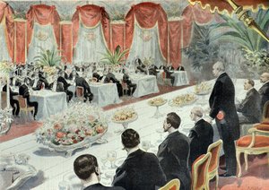 Elinkeinoelämän edustajien Felix Faurelle antama illallinen vuonna 1897 (kaiverrus). tekijältä Fortune Louis Meaulle