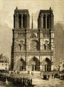 Notre-Dame de Paris (Notre-Dame) vuonna 1482: länsijulkisivu ja parvis. F. Meaullen kaiverrus, joka perustuu Viollet le Ducin (Viollet-le-Duc) piirrokseen, joka kuvittaa Victor Hugon samannimistä romaania, Ollendorffin kustantamo 1900-luvun alussa. Vasemma tekijältä Fortune Louis Meaulle