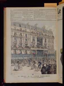 Pariisi-Brest-pyöräkilpailun lähtö Le Petit Journalin toimiston edessä, kuva samannimisestä lehdestä, 15. syyskuuta 1891. tekijältä Fortune Louis Meaulle