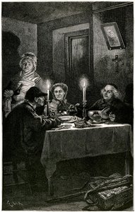 Victor Hugo "Les Miserables" Meaullen kaiverrettu kuvitus Lixistä: Forcat ja Eveque. Jean Valjean, jolle eveque Myriel tarjosi sairaalaa, sitoutuu viimeiseen pakoonsa: isäntänsä hopeaesineisiin. Pöydällä kaksi hopeista kynttilänjalkaa tekijältä Fortune Louis Meaulle