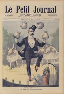 Georges Clemenceau (1841-1929) jongleeraa englantilaisia rahasäkkejä Le Petit Journalista, 19. elokuuta 1893