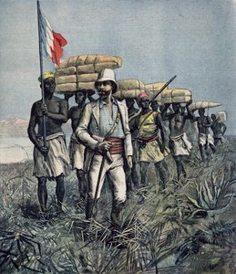 Luutnantti Mizon (1853-99) hänen vuoden 1892 tehtävässään tutkia Benue-joen aluetta Nigeriassa, "Le Petit Journal", heinäkuu 1892