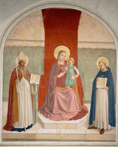 Madonna ja lapsi ja kaksi pyhimystä ... (seinämaalaus) tekijältä Fra (c.1387-1455) Angelico
