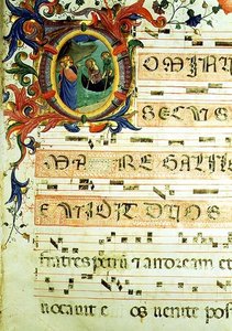 Ms 558 f.9r Historioitu alkukirjain "O", joka kuvaa Pyhän Pietarin ja Pyhän Andreaksen kutsumista nuottikirjoituksella, yksityiskohta missalin sivusta, 1430-luvun alku (vellum) (katso lisätietoja 78833 ja 88929) tekijältä Fra (c.1387 1455) Angelico