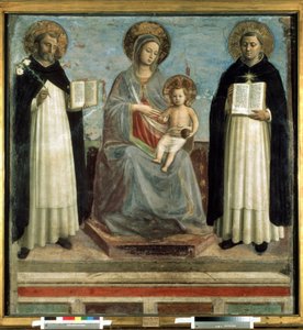 ""Madonna ja lapsi, jota ympäröivät pyhä Dominic de Guzman (1170-1221), dominikaanisen ritarikunnan perustaja ja Pyhä Tuomas Akvinolainen (1225-1274) kirkon tohtori"" (Neitsyt ja lapsi pyhien Dominicuksen ja Tuomas Akvinolaisen kanssa) Penikkatauti misteli