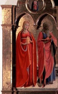 Neitsyt ja lapsi valtaistuimella neljän enkelin kanssa, yksityiskohta Pyhästä Johannes Evankelistasta ja Maria Magdaleenasta, Polittico di San Domenicosta (43910:n yksityiskohta) tekijältä Fra (c.1387 1455) Angelico