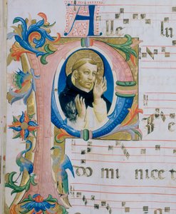 Dominikaaninen pyhimys. Kuvitettu miniatyyri messaalissa (n. 9, verso)