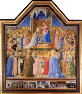 Neitsyen kruunaus, n. 1430-32 (tempera paneelissa) - "" Neitsyen kruunaus"" Guido di Pietron (tai Fra Giovanni da Fiesolen) maalaus Fra Angelico ou il Blessed (1387-1455) 1400-luku Aurinko. 2,09 x 2,06 m Pariisi, Louvre-museo.