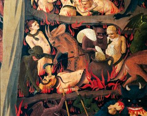 Helvetti demonien kanssa rankaisemassa ahneita, yksityiskohta Giovanni da Fiesolen viimeisestä tuomiosta, joka tunnetaan nimellä Fra Angelico (1400-noin 1455), tempera puulla