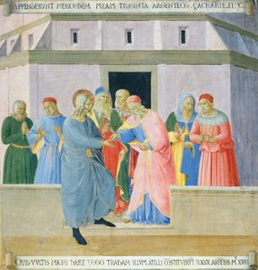 Upote, joka kuvaa Juudasta vastaanottamassa palkintoa, paneeli Armadio degli Argentista (hopeaarkku), jossa on Jeesuksen elämä tekijältä Fra (c.1387 1455) Angelico