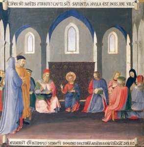 Upote, joka kuvaa kiistaa lääkäreiden kanssa temppelissä, paneeli Armadio degli Argentista (hopeaarkku), jossa on Jeesuksen elämä tekijältä Fra (c.1387 1455) Angelico
