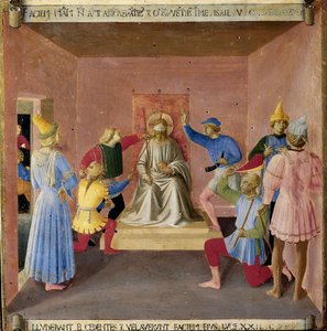 Sotilaat pilkkasivat Jeesusta. Kristuksen elämä, Armadio degli Argenti. (Tempera puulla tekijältä Fra  Angelico