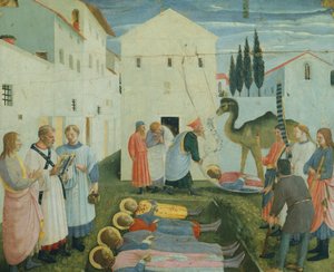 Pyhän Cosman ja Damianuksen hautaus, predella-kuvat, jotka kuvaavat tarinaa Pyhästä Kosmasta ja Pyhästä Damianuksesta San Marcon alttaritaulusta, noin 1443 (tempera puulla)