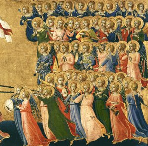 Kristus kirkastettu taivaan hovissa, yksityiskohta musiikkienkeleistä oikealta, 1419-35 (tempera paneelissa) (yksityiskohta 4052) tekijältä Fra Angelico
