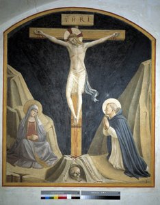Ristiinnaulitseminen neitsyt Marian ja pyhän Dominicuksen kanssa. Kirjoitus "INRI" ristillä 1442 tekijältä Fra Angelico