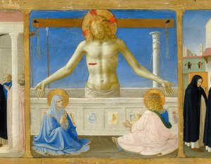 Kristuksen ylösnousemus / Kristus murheiden miehenä (yksityiskohta alttaritaulun Marian kruunaus). Noin 1430 tekijältä Fra Angelico