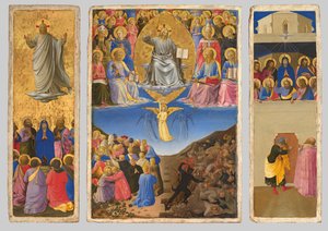 Italian: Trittico (Ascensione, Giudizio Universale, Pentecoste) Triptyykki viimeisestä tuomiosta, taivaaseenastumisesta ja helluntaista. tekijältä Fra Angelico