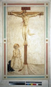 Ristiinnaulitseminen pyhän Dominicin kanssa. Kirjoitus "INRI" ristissä. Fresko Guido di Pietro tekijältä Fra Angelico