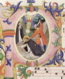 Missal 558 f.68v Historioitu alkukirjain "P", joka kuvaa Pyhän Pietari marttyyrin salamurhaa tekijältä Fra Angelico