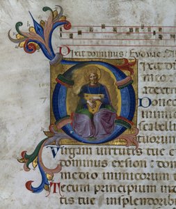 Ms 531 f.169v Historioitu alkukirjain "D", joka kuvaa kuningas Daavidia lyyrallaan, psaltterista San Marco e Cenacolista tekijältä Fra Angelico