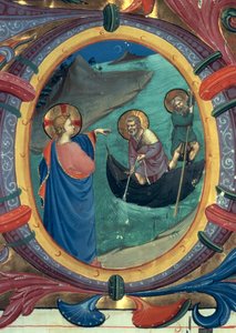 Ms 558 f.9r Pyhän Pietarin ja Pyhän Andreaksen kutsuminen, yksityiskohta historiallisesta O-alkukirjaimesta messukirjasta, 1430-luvun alun pergamentti, yksityiskohta asiakirjasta 88928. tekijältä Fra Angelico