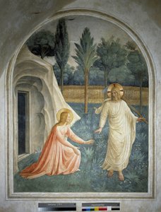 Noli tangere minua. Ylösnoussut Jeesus Kristus kieltäytyy saamasta Pyhän Maria Magdaleenan kosketusta. Fresko Guido di Pietro tekijältä Fra Angelico