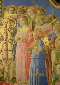 Neitsyt Marian kruunajaiset, yksityiskohta, jossa on musiikkia esittäviä enkeleitä, n.1430-32 öljy paneelille, yksityiskohta 60319:stä tekijältä Fra Angelico