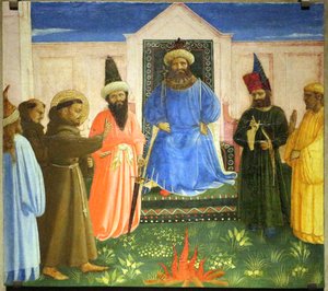 Tulikoe, Pyhä Fransiskus tarjoutuu kävelemään tulen läpi käännyttääkseen Egyptin sulttaanin (Legenda maior, IX, 8). tekijältä Fra Angelico