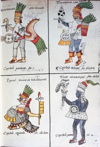 Muinaisten meksikolaisten jumalat, Huitzilopochtli, Tezcatlipoca, Tlaloc ja Paynal, teksti espanjaksi, faksimile Bernardino de Sahagunin käsikirjoituksesta General History of Things of New Spain, joka tunnetaan myös nimellä Florentine Codex. tekijältä Fra Bernadino da Sahagun
