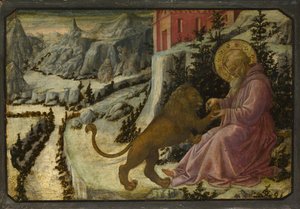 Pyhä Hieronymus ja leijona Predella Pistoia Santa Trinitàn alttaritaulun paneeli, 1455-1460 tekijältä Fra Filippo Lippi