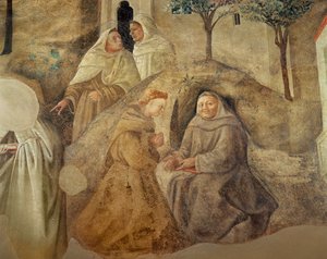Karmeliittasäännön uudistus, yksityiskohta neljästä karmeliittamunkista, n.1422 fresko yksityiskohta vuodelta 94764. tekijältä Fra Filippo Lippi