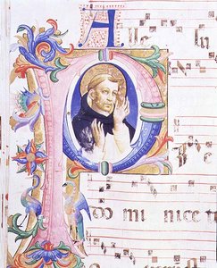 Missal 558 f.24v Historioitu alkukirjain "P", joka kuvaa miespyhimystä tekijältä Fra and Strozzi Zanobi di Benedetto Angelico