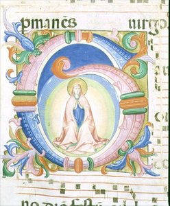 Missali 558 f.92 Historiallinen alkukirjain "G", jossa Neitsyt rukoilee. tekijältä Fra and Strozzi Zanobi di Benedetto Angelico