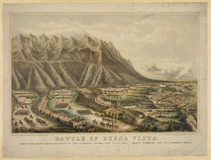 Valmistelut Buena Vistan taisteluun, joka tunnetaan myös Angosturan taisteluna, kenraali Zachary Taylorin ja kenraali Antonio Lopez de Santa Annan joukkojen välillä, 23. helmikuuta tekijältä Frances Flora Bond (c.1812 76) Palmer