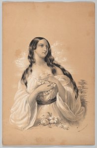 Nainen pitelee kukkia, New Yorkin piirustuskirjassa, joka sisältää sarjan alkuperäistä suunnittelua..., 1847.