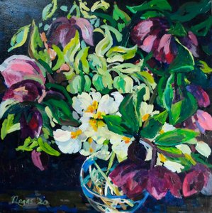 Helibore ja Primroses on a Dark Ground, 2020 (akryyli kankaalle)