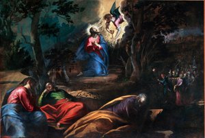 Rukous oliivipuutarhassa Oikealla Juudas saapuu sotilaiden kanssa pysäyttämään Jeesuksen Kristuksen. Francesco Bassano nuoren (n. 1549-1592) maalaus Venetsia, Chiesa del Redentore, Italia tekijältä Francesco Bassano