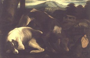 Kaksi metsästyskoiraa, n. 1555 tekijältä Francesco Bassano