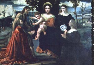 Madonna ja lapsi valtaistuimella pyhien ja lahjoittajien kanssa tekijältä Francesco Torbido