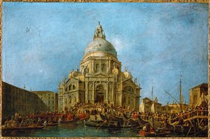 Doge vierailee La Salutessa 21. marraskuuta, vuoden 1630 ruton päättymisen muistopäivänä ... tekijältä Francesco (circle of) Guardi