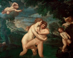 Hermafroditen karkoittama salmacis kylvyssä Nymfi Salmacis, Hermeksen ja Aphroditen pojan eprise, näkee edistymisensä torjuvan - Francesco Albanin maalaus dit l