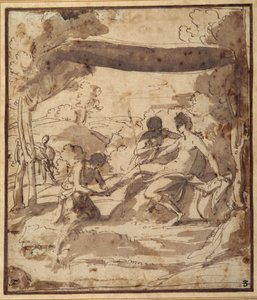 Venus makuuasennossa maalaismaisen katoksen alla, Adonis kiinnittää sandaalinsa (kynä ja muste pesulla paperille) tekijältä Francesco Albani