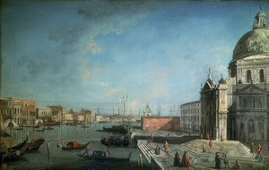 Näkymä Grand Canalille Ponte degli Scalzilta. 1735-1740. Oikeassa kuvassa Santa Maria di Nazareth (Scalzi) kirkko