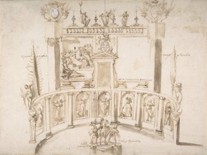 Suunnittelu puutarhajuhlaan, jossa on puolipyöreä seinä ja patsaita markkinarakoissa, n. 1635-79.