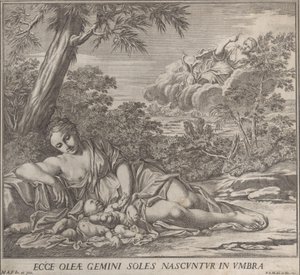 Latona ja hänen nukkuvat kaksoset, Apollo ja Diana, maisemassa, 1705. tekijältä Francesco Antonio Meloni